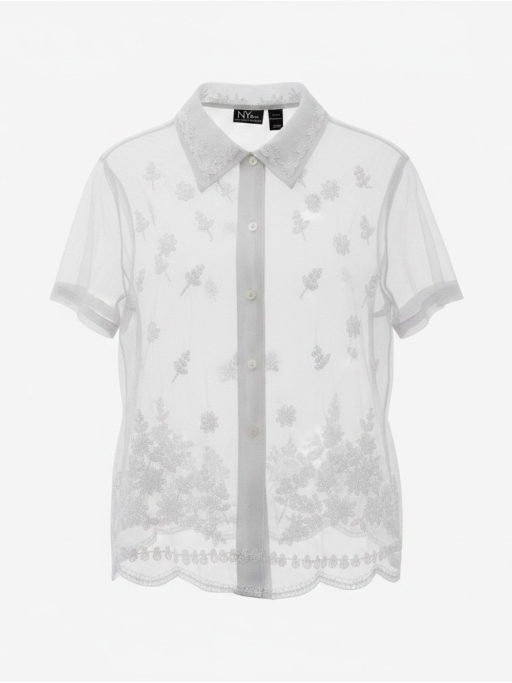 NY Collection White Sheer Embroidered Button-Down Blouse